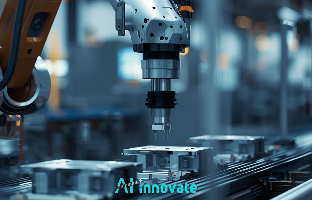 Robotic arm performing precision assembly on metal components along an automated production line inside a modern manufacturing facility, with industrial machinery and blurred factory background.