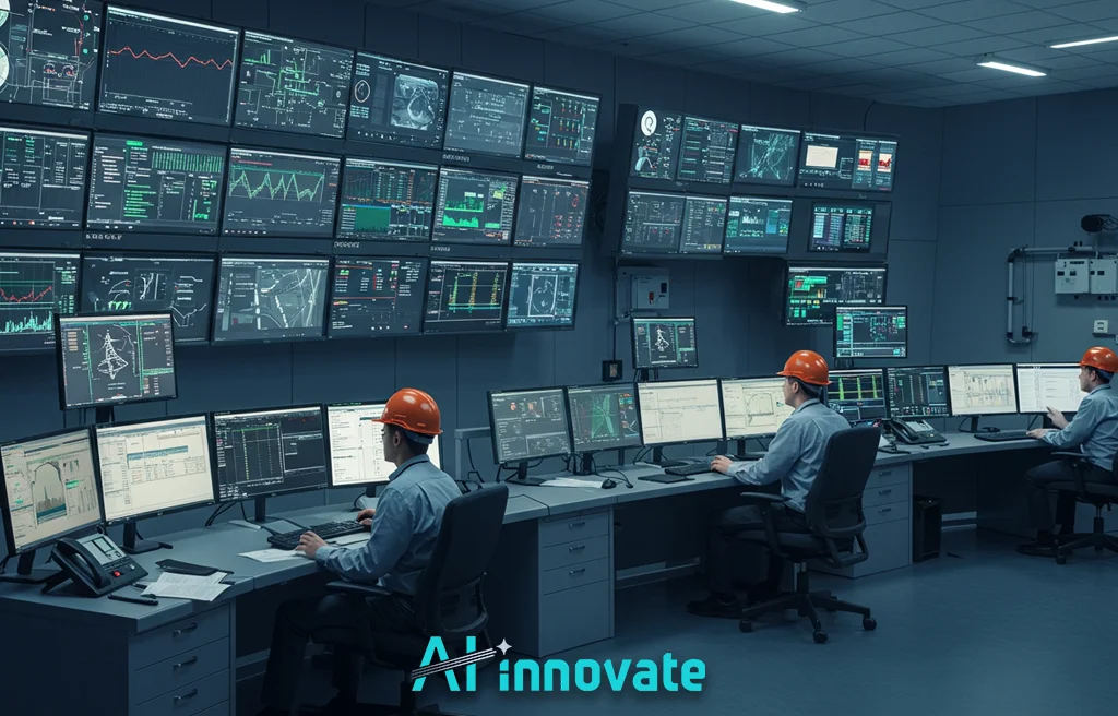 Operators in a dark command center monitoring data. Three workers in orange hard hats sit at a long desk, looking at multiple computer monitors displaying complex control charts, sensor data, and flow diagrams, beneath a wall of dozens of monitoring screens. The text "AI innovate" is at the bottom.