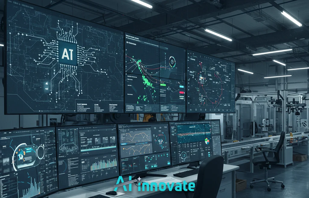 Manufacturing floor with AI quality control overlay. A holographic display showing a "QUALITY CONTROL: PROACTIVE SCAN" dashboard, with charts for Anomaly Rate, Predictive Score, and warnings like "Micro-fracture Risk (92%)" over a conveyor belt. Workers in cleanroom suits are visible in the background. The text "AI innovate" is at the bottom.