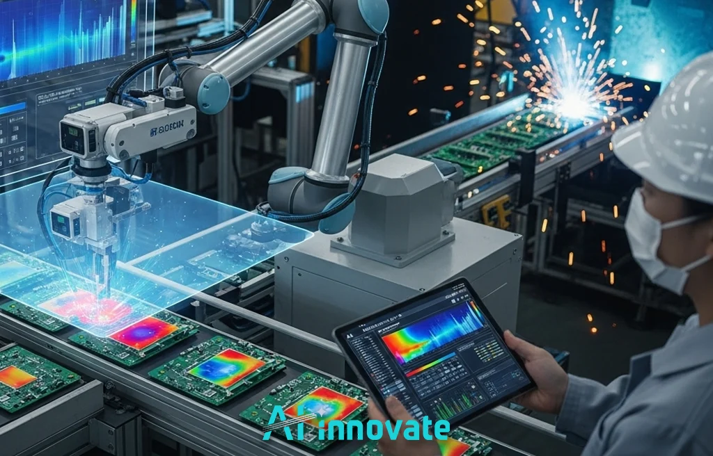 Worker using AI for Thermal Quality Inspections in a production line of pcb boards.