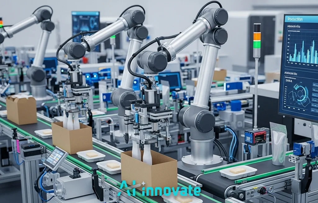 Automated factory production line with multiple silver robotic arms placing products into cardboard boxes on a conveyor belt, next to a monitor displaying AI production data and graphs.