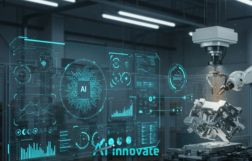 AI machine vision in manufacturing. A robotic arm performs a task on a metal part, overlaid with a large holographic interface displaying charts, graphs, and a circuit board graphic with "AI" for classification and process control. The text "AI innovate" is at the bottom.