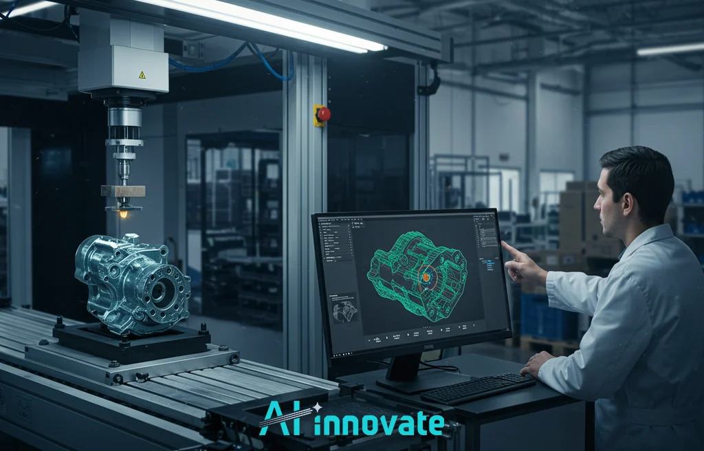 Engineer using AI for manufacturing quality control. A man in a white lab coat points at a screen showing a 3D CAD wireframe model of a complex machined part, while the physical part is on an automated inspection rig in a modern factory. The text "AI innovate" is at the bottom.