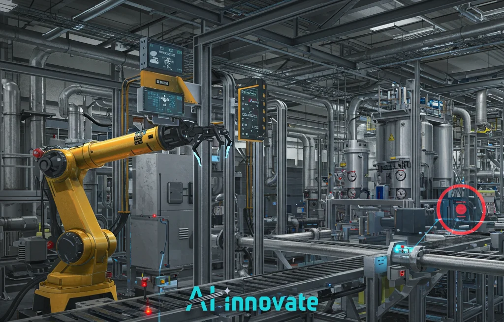 Robotic arm in a complex industrial processing plant. A yellow industrial robot works near conveyor belts and a dense network of pipes and processing tanks, with digital screens displaying diagnostic data. The text "AI innovate" is at the bottom.