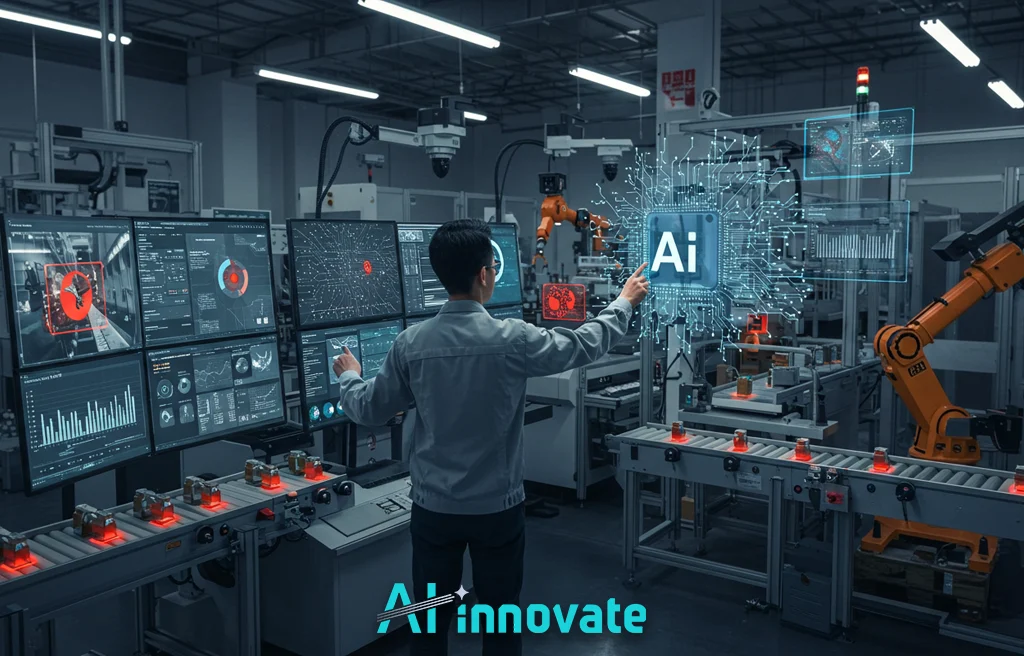 Engineer interacting with AI in a smart factory. A man stands at a control station, touching holographic interfaces and a multi-screen dashboard displaying manufacturing data, graphs, and a central AI circuit board graphic, with an orange robotic arm in the background. The text "AI innovate" is at the bottom.