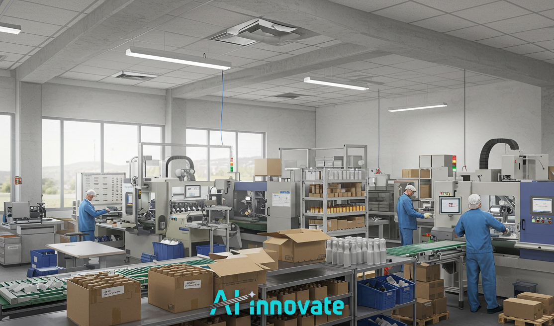 Modern factory floor with automated production line. Workers in blue uniforms operate machinery, with an active conveyor belt moving cardboard boxes and products in a bright, organized facility