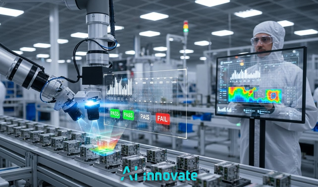 A lab technician examines a circuit board under a microscope while, beside them, a team in a meeting room reviews a process flowchart on a large screen.