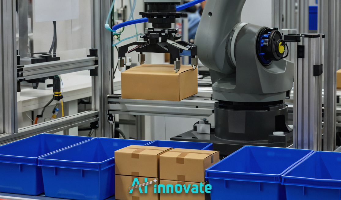 A robotic arm places cardboard boxes into blue bins on an automated packaging line.