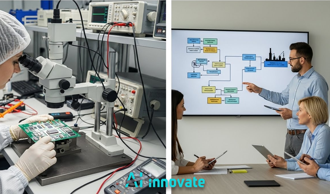 A lab technician examines a circuit board under a microscope while, beside them, a team in a meeting room reviews a process flowchart on a large screen.