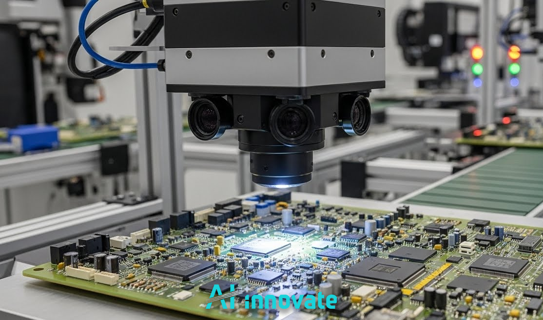 AI-powered vision system inspecting a printed circuit board on a production line, detecting electronic defects with high-precision cameras and automated quality control.