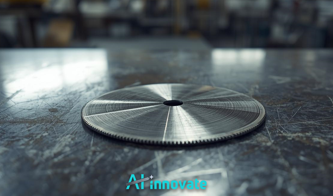Precision-machined metal disc resting on an industrial workbench, illustrating high-accuracy manufacturing and quality control.