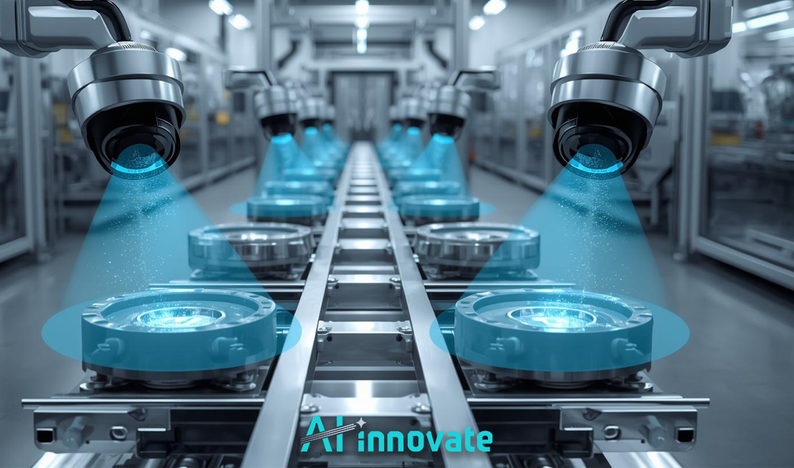 Automated vision inspection system scanning metal parts on a production line using AI-powered cameras for quality control and defect detection.