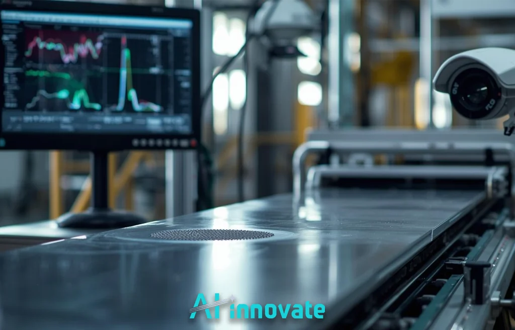 Industrial vision inspection camera analyzing metal surface defects on a production line with real-time data visualization on a monitoring screen.