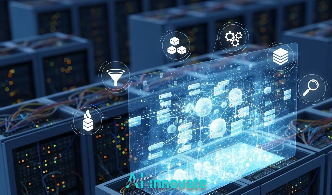 Digital data architecture visualization over server racks, representing big data processing, analytics pipelines, and AI-driven infrastructure.