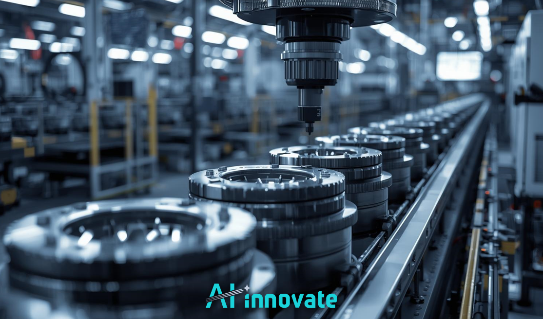 Automated machine milling machine processing precision metal components on a conveyor line in a modern industrial manufacturing facility.