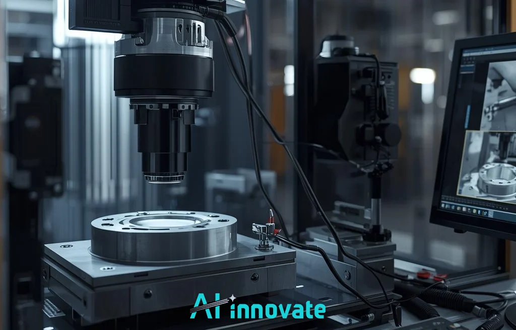 Machine vision inspection system examining a precision metal component with high-resolution camera and real-time quality analysis on an industrial workstation.