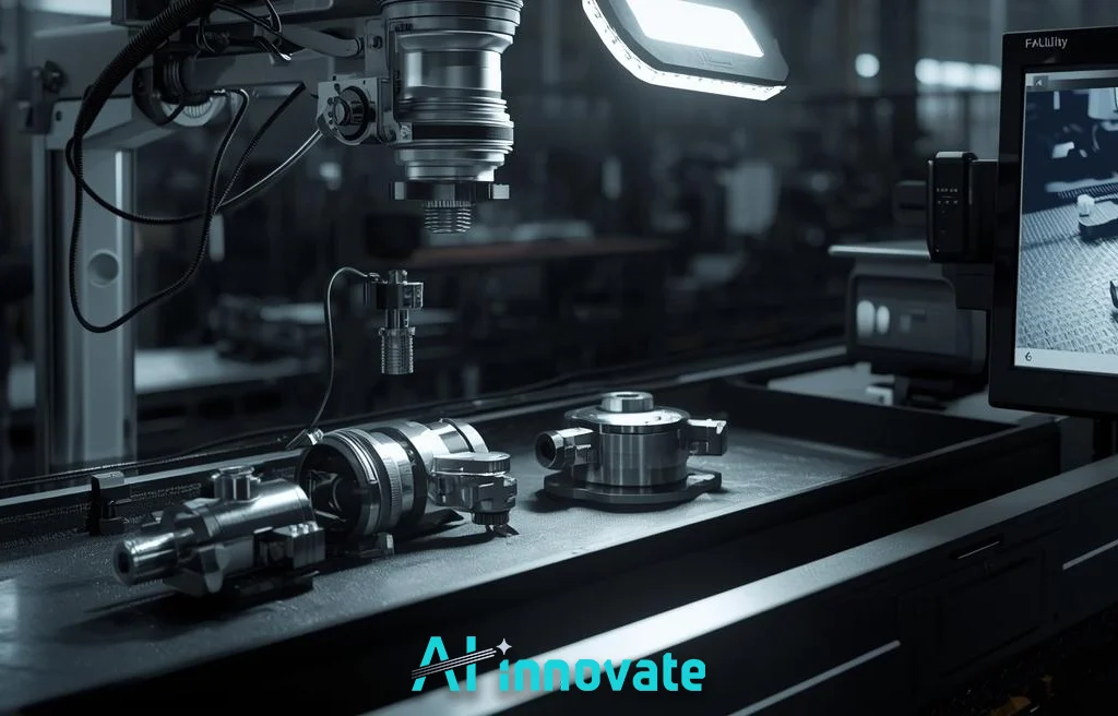 Industrial machine vision system with camera, lens, and LED lighting inspecting precision metal components for automated quality control.