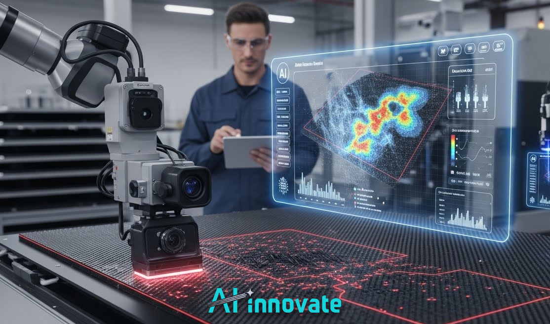 AI-powered inspection camera scanning a surface while an engineer reviews real-time defect analysis and heatmap data in an advanced manufacturing environment.