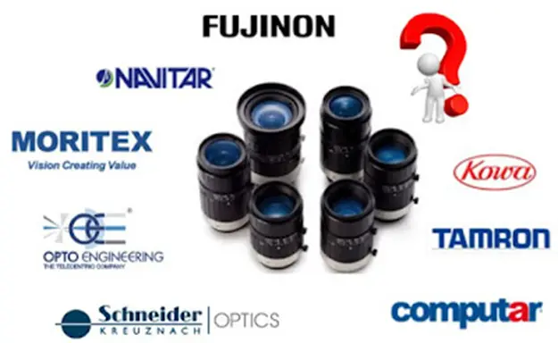 Selection of industrial machine vision lenses with logos of leading manufacturers used in imaging systems for automated inspection applications.
