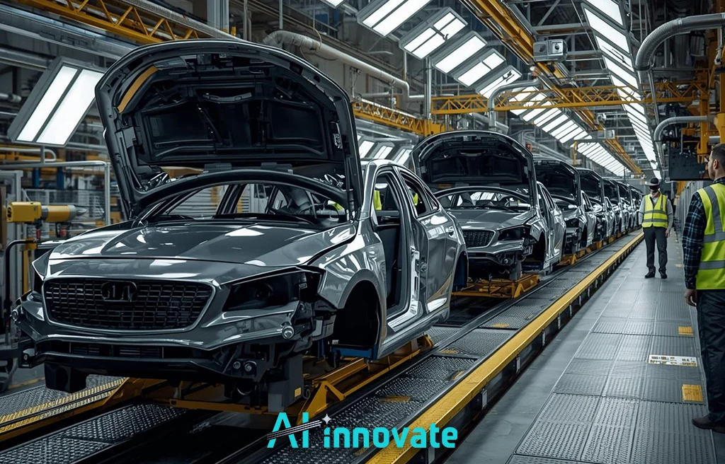 Car manufacturing plant interior with workers assembling vehicles on a production line, highlighting modern automotive production and quality control.