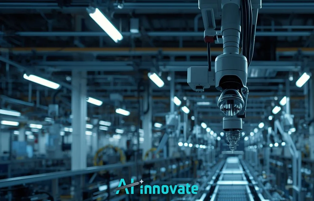 Alt text: AI-powered robotic inspection system operating on an automated industrial production line.