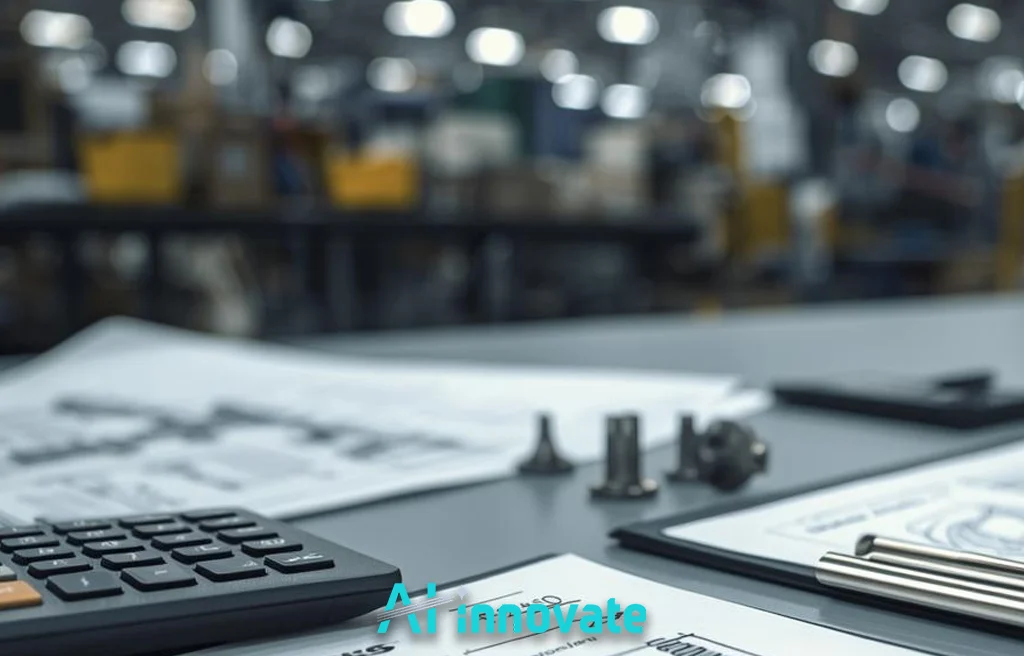 Engineering documents, calculator, and precision metal parts on a worktable, with a blurred factory floor in the background, representing manufacturing planning and cost analysis.
