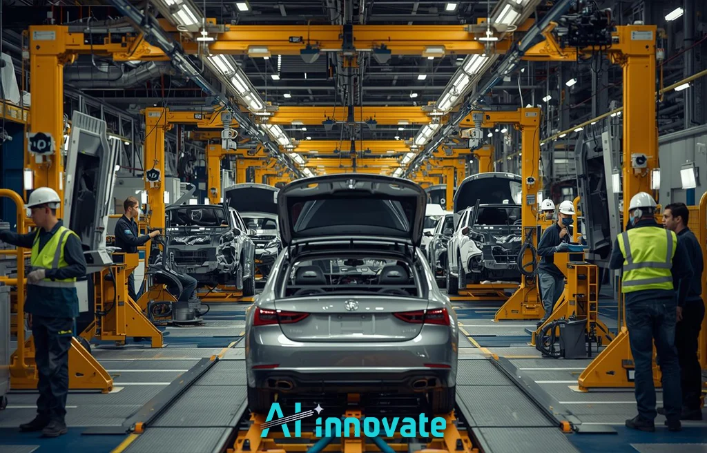 Automotive assembly line with unfinished cars moving through production, showcasing large-scale vehicle manufacturing and industrial automation
