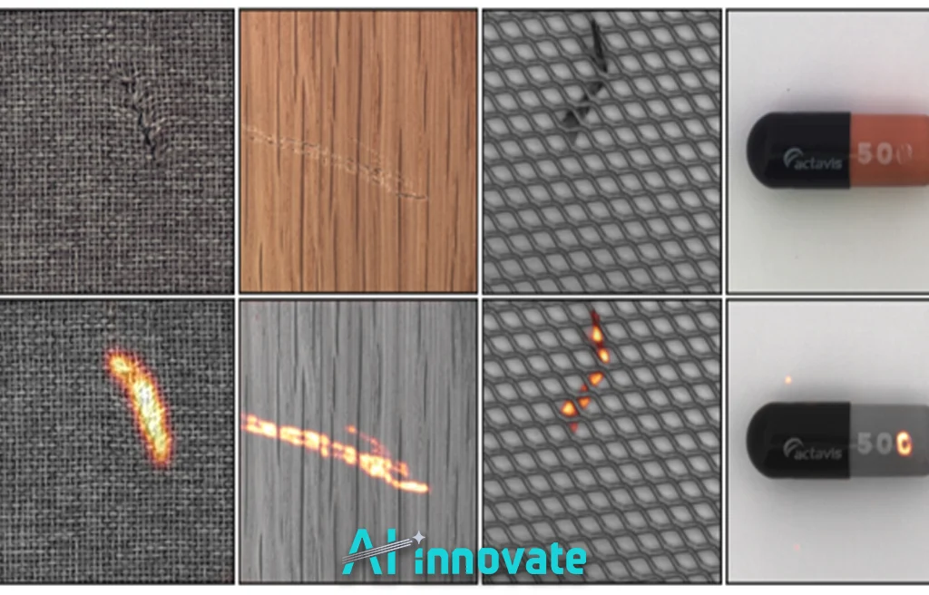 AI defect detection examples showing input images and heatmap overlays highlighting surface flaws across different materials and products.”