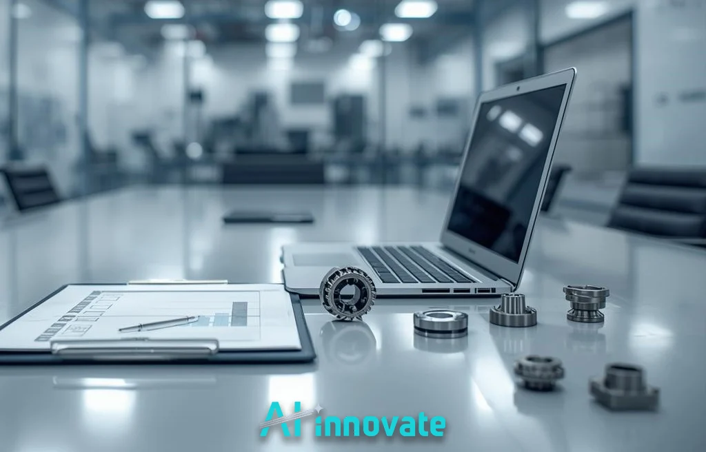 Laptop, clipboard with technical documents, and precision metal components arranged on a conference table inside a modern manufacturing or engineering facility, representing design review, quality control, and engineering analysis. The AI Innovate logo is visible at the bottom of the image.