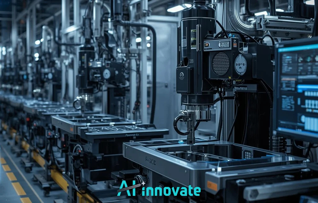 Automated CNC machining stations operating along a smart factory production line, with precision drilling equipment, integrated sensors, and a digital monitoring screen displaying real-time manufacturing data.