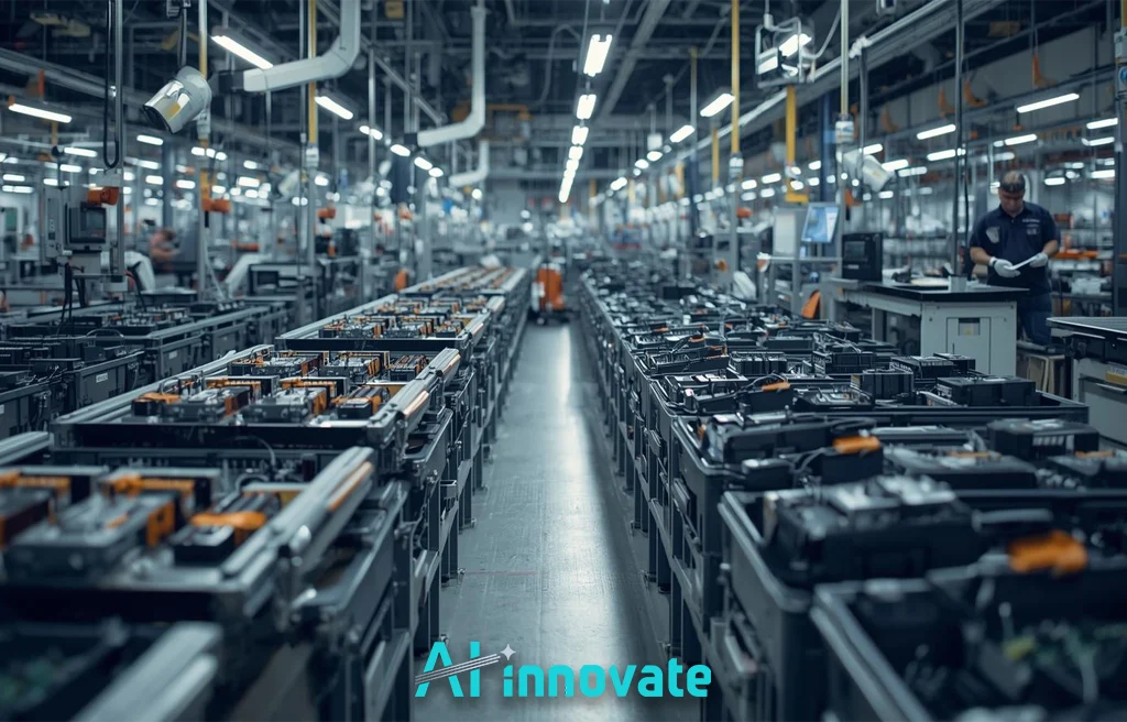 Graphic titled “Inline vs End-of-Line Quality Check” showing a modern factory assembly line with bins of parts moving along a conveyor.