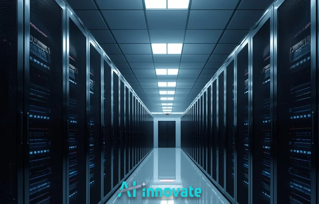 Long aisle inside a modern data center with rows of black server racks on both sides, bright overhead lighting, reflective flooring, and a secure door visible at the far end.