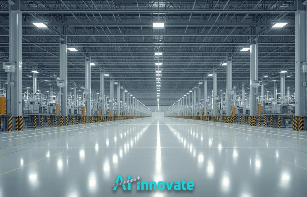 Wide interior view of a large, empty industrial warehouse with polished concrete floors, evenly spaced support columns, overhead lighting, and production equipment lining both sides, creating a symmetrical perspective down the center aisle.