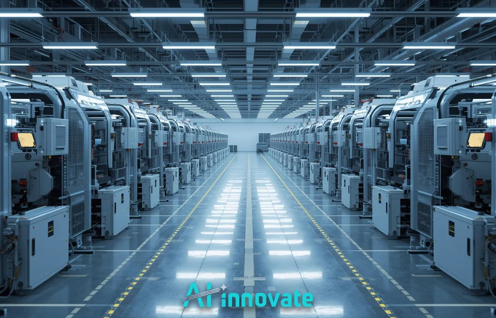 Modern factory floor with rows of automated industrial machines aligned symmetrically along a wide central aisle, bright overhead lighting, and a clean high-tech manufacturing environment.