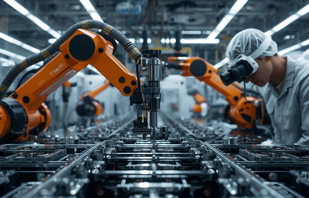 Modern factory floor with rows of automated industrial machines aligned symmetrically along a wide central aisle, bright overhead lighting, and a clean high-tech manufacturing environment.