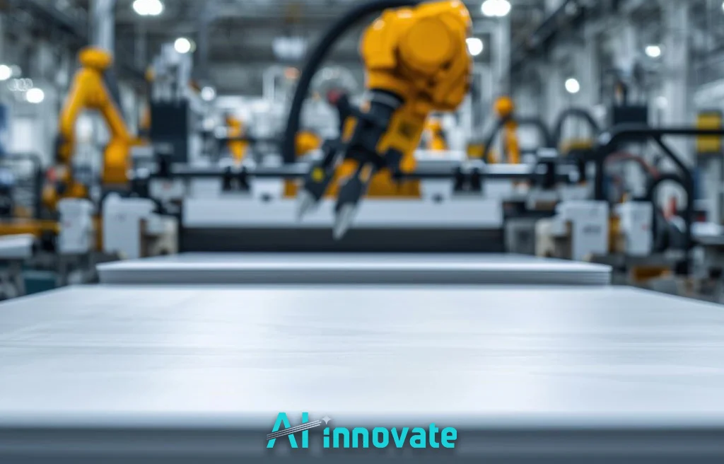 Robotic arms operating above a flat material sheet on an automated production line inside a modern factory, with industrial lighting and advanced machinery in the background.