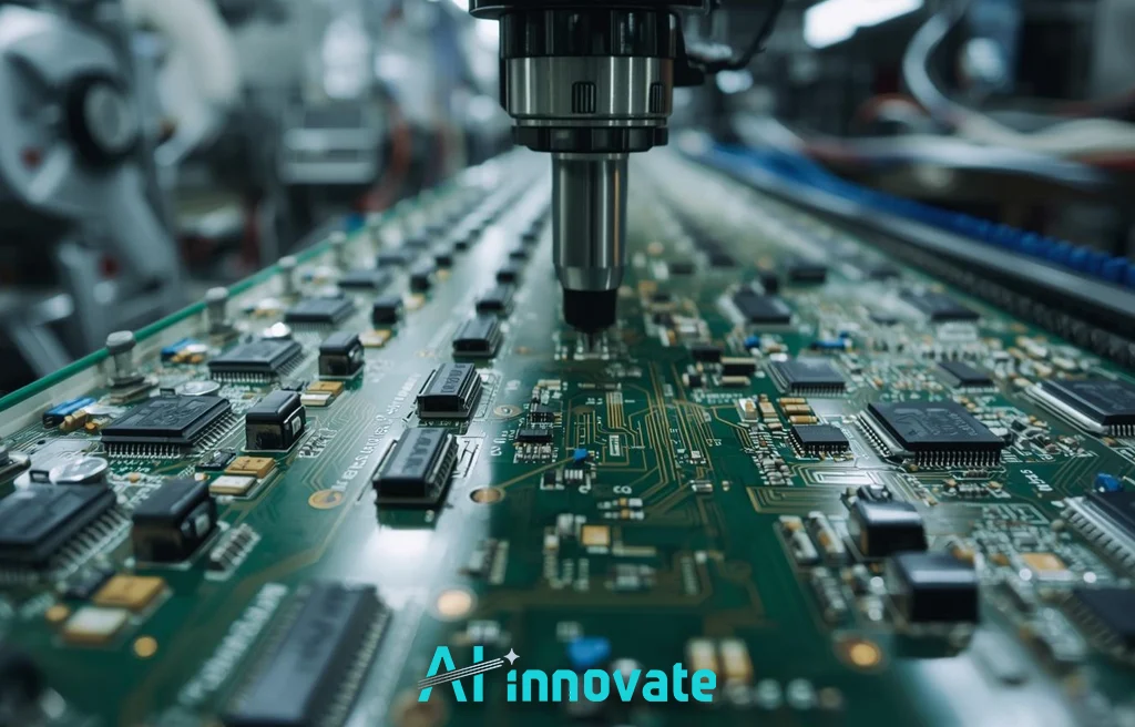 Automated machine vision system inspecting electronic circuit boards on a production line, with a precision camera positioned above densely populated PCB components.