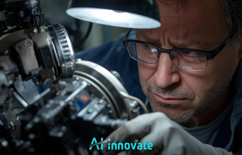 Close-up of a technician wearing safety glasses and gloves closely inspecting a precision mechanical component under a focused work light in an industrial setting, highlighting detailed quality inspection and defect detection. The AI Innovate logo appears at the bottom of the image.
