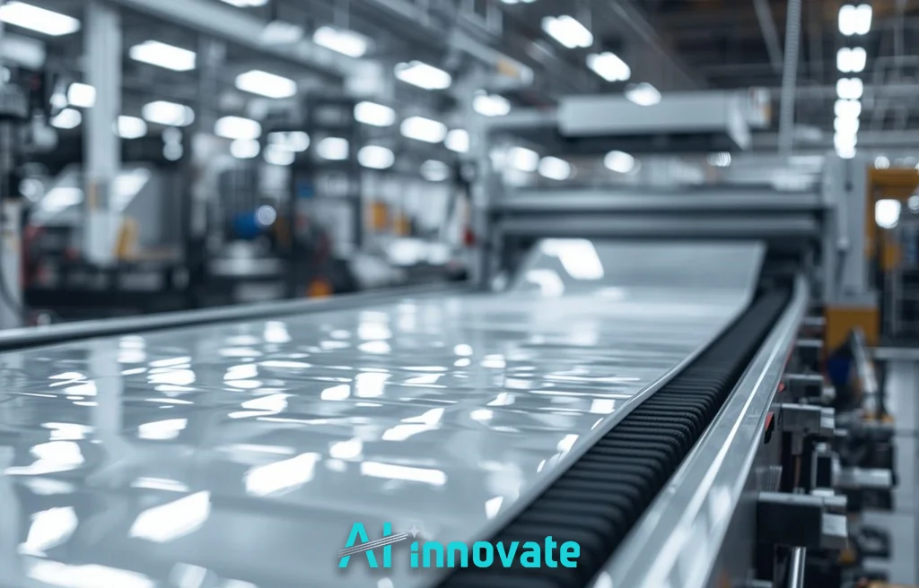 Close-up of a smooth reflective sheet moving along a conveyor system in a high-tech manufacturing facility, surrounded by automated equipment and bright overhead lights.