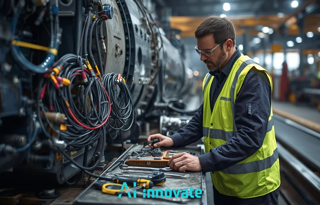 Maintenance technician wearing safety glasses and a high-visibility vest inspecting industrial machinery wiring and testing equipment on a factory floor, with tools and cables arranged on a workbench.