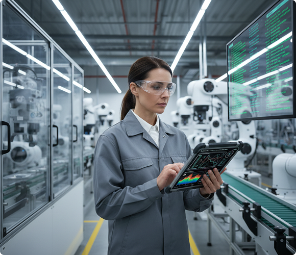 Engineer investigating production conditions with AI analytics