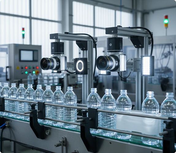 AI machine vision inspection system monitoring bottles on a production line
