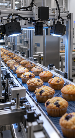 Inspection cameras above muffins on a production line