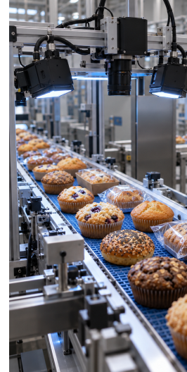 Different bakery products on a production line