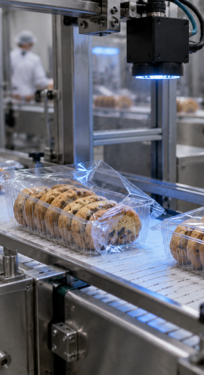 Packaged bakery products moving through an inspection line