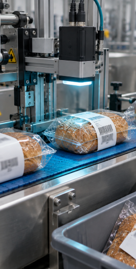 Inspection camera checking a label on packaged bread